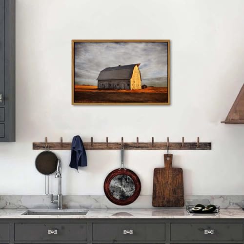 Image of Old Barn Canvas Wall Art Vintage Farmhouse Wall Decor Western Country Landscape Canvas Prints Sunset Farm Field Scenery Painting Neutral Rural Artwork for Living Room Bedroom Home Decorations 16x24 inch