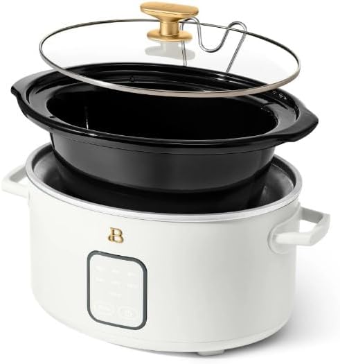 Beautiful by Drew Barrymore 4~Quart Programmable Slow Cooker with Touch Display, Removable Stoneware Pot, 4 Cooking Presets, Auto Warm, Lid Holder, Cool-Touch Handles, Dishwasher Safe ~ (White Icing).