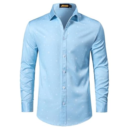JOTOOK Camisas sociais masculinas estampadas slim fit manga longa abotoadas camisa casual negócios stretch, Flor azul-claro, GG