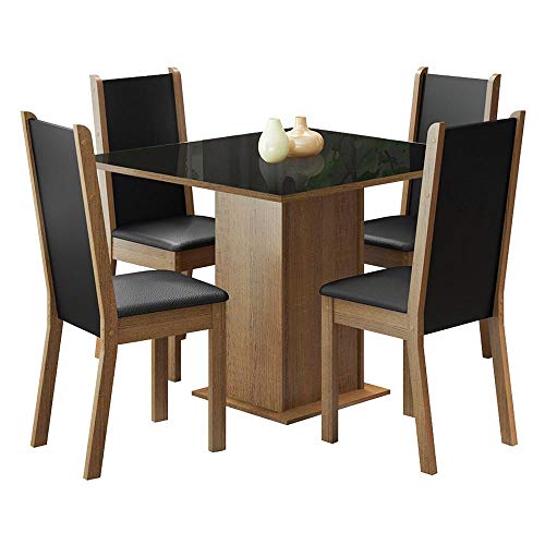 Conjunto Sala de Jantar Madesa Moscou Plus Mesa Tampo de Vidro com 4 Cadeiras - Rustic/Preto/Sintéti