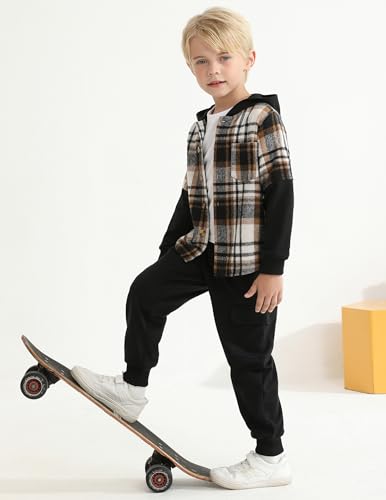 Image of 2Pcs Boys Clothes Sweatsuit Set Hoodie Flannel Plaid Shirt and Jogger Pants for Kids Fall Winter Spring Outfits