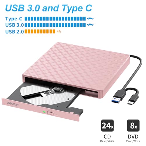 Image of External CD /DVD Drive for Laptop, CD Burner /CD Reader /DVD Player for Laptop | External Disc Drive /CD Rom External Drive for Laptop Desktop PC Windows 11 /10 /8.1 /7 MacBook Mac Linux OS Apple Pink