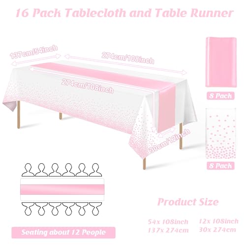 16Pack Disposable Plastic Tablecloths and Satin Table Runner Set White and Pink Dot Table Cloth Gold for Graduation Wedding Engagement Birthday Baby Shower Anniversary Holiday Party Decorations by MASHAN - Used condition - Image 2