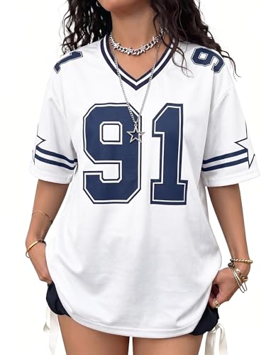 Image of Jersey Shirts for Women Y2k Graphic Tees V Neck Baggy Streetwear Number Oversized T Shirt Summer Tops
