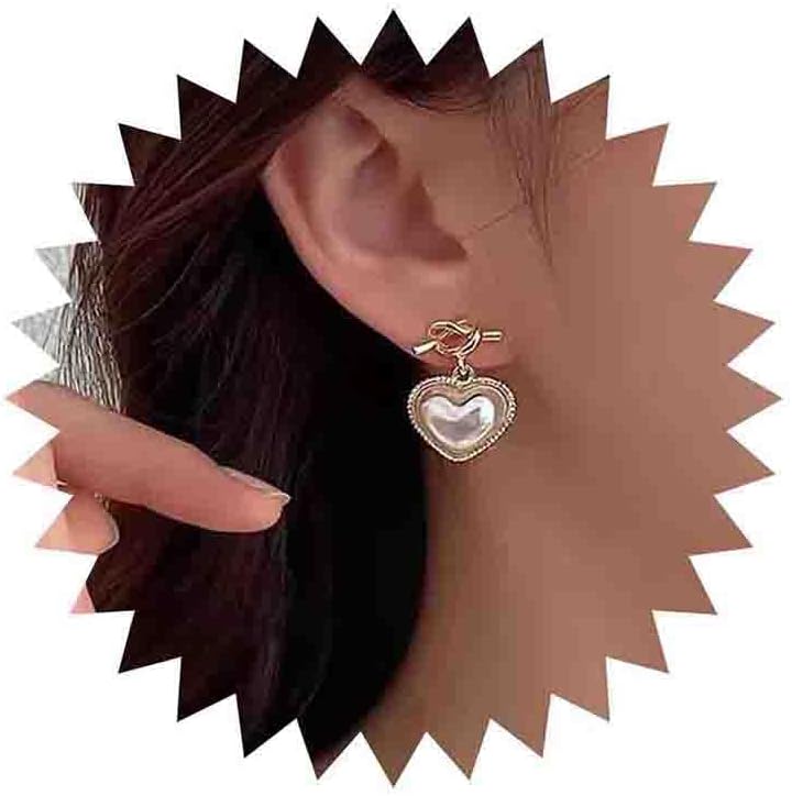 Boho Pearl Heart Drop Earrings Gold Knot Heart Stud Earrings Vintage Puffy Heart Pearl Earrings Large Pearl Dangle Earrings Jewelry for Women