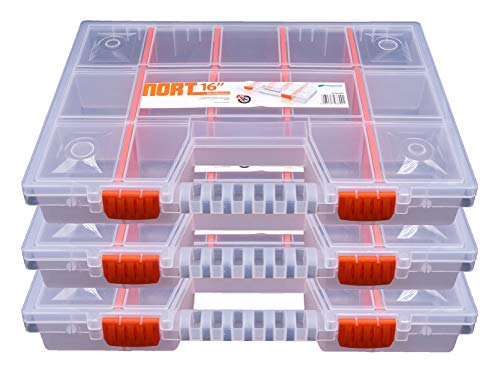 3 cajas organizadoras de plástico NORT16 para almacenamiento, cajones organizadores con un máximo de 15 compartimentos, resistentes, transparentes y apilables, 39 x 29 x 6,5 cm