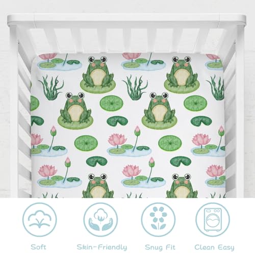 Image of Funny Frogs Flower Leaves Pond Baby Crib Sheets 52''x28'' Water Lilies Lake Stretchy Fitted Crib Mattress Covers for Boy Girl Animal Soft Nursery Bed Sheets for Standard Crib and Toddler Mattresses