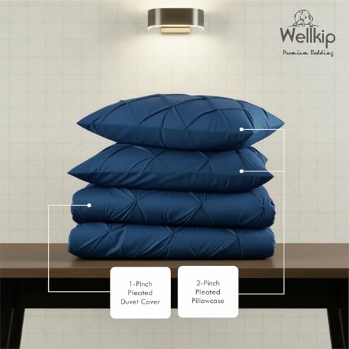 Image of Pinch Pleated Duvet Cover Set 1000TC 100% Cotton Premium 3-Pieces 1-Duvet Cover & 2-Pillow Cover Luxury Look Home and Hotel Zipper & 8-Tie Closure (Medium Blue, Queen 90 X 90 Inch)