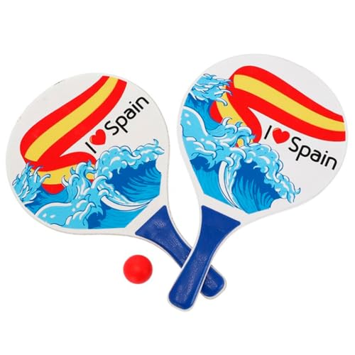 Tradineur - Set de Palas de Playa, diseño España, I Love Spain, Madera, Incluye Pelota, Mango Recubierto de plástico, Raquetas, Deporte, Aire Libre, 38 x 23 cm, Modelo Aleatorio