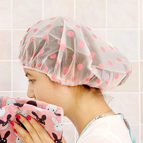 Waterproof Shower Cap,6Pcs Dot Plastic Shower Caps Reusable Elastic Large Shower cap for Women Long Hair - Thumbnail 7