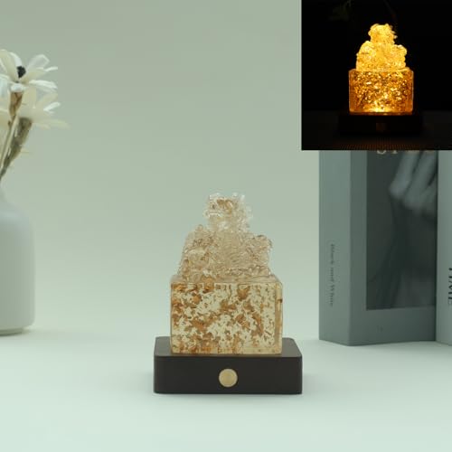 Estatua Dragón Chino con Luz en Resina y Base de Madera