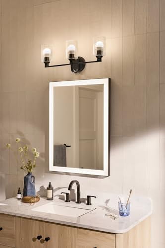 Image of Kichler Gioe 24.25 inch 3-Light Bathroom Vanity Light Fixture with Clear Fluted Glass in Black, Modern Wall Mount Over Mirror for Powder Room, Damp Rated (24.25 inch W x 10.5 inch H), 55226BKFLU