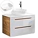 Produktbild Lomadox Waschtisch mit 80cm Unterschrank in Hochglanz weiß mit Wotaneiche Keramik-Waschbecken 2 Softclose-Schubkästen