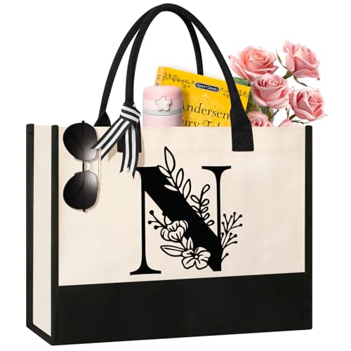 Image of Tecanne Personalized Initial Canvas Tote Bag, Suitable for Birthday, Wedding, Beach, Holiday, Gifts for Women, Mom, Teachers, Nurses, Best Friends, Bridesmaids (N)