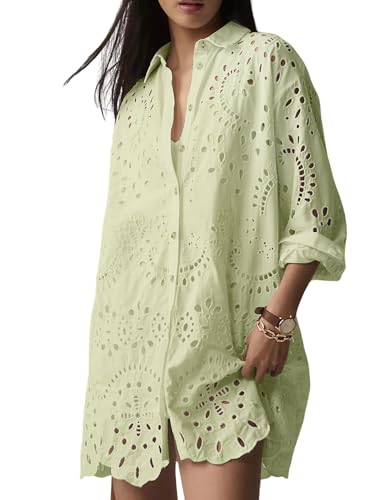 Image of CHARTOU Women Eyelet Lace Dress Button Down Shirt Loose Fit Summer Casual Mini Dress