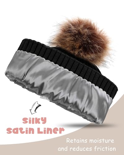 LiuSuper Kids Winter Hat, Girls Beanies 7-14, Satin Lined Beanie for Girls, Pom Pom Silk Lined Cuffed Beanie2