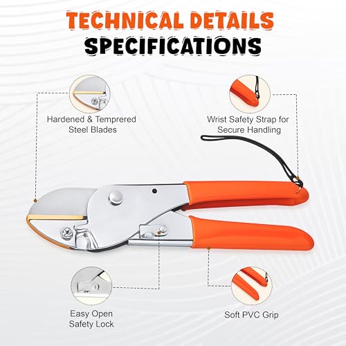 Image of JD FRESH Anvil Roll Cut Pruning Secateurs 8 Inch, Alloy Steel Blade Plant Cutter, Garden Pruning Shears for Dry & Hard Branches, Stems, Shrubs & Flowers with Safety Lock, Anti Slip Handle, Orange