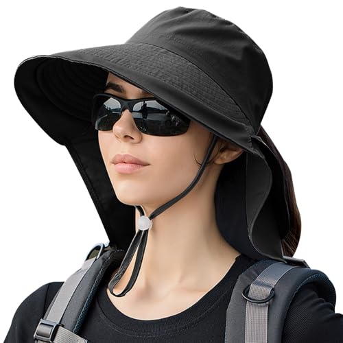 Sun Hat with Ponytail Hole, Women's Wide Brim UV Protection Bucket Hat with Neck Flap, Adjustable Sun Visor Hat for Summer Fishing Hiking Camping Garden Exercise (AU, Alpha, One Size, Black)