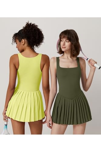 Image of QINSEN Womens Square Neck Tennis Dress Pleated Sleeveless Built in Shorts Golf Athletic Dress with Pockets