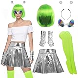 Vegove 6Pcs Alien Costume Women, Metallic Skirt Antenna Headband Bob Hair Glasses Neon Green Space Accessories for Halloween (X-Large)