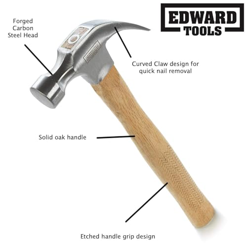 Edward Tools 16 oz. Oak Claw Hammer - Heavy Duty All Purpose Hammer - Forged Carbon Steel Head - Etched Solid Oak Wood Handle for More Durability and Grip
