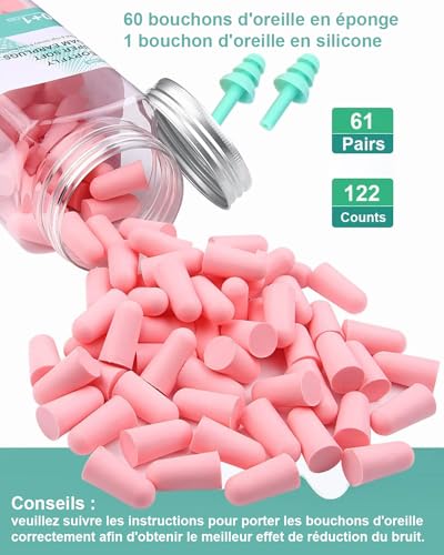 Bouchon-dOreille-pour-Dormir61-Pairs-Bouchon-Oreille-Sommeil-SNR-38-dB-Reutilisables-Boule-Caisse-en-Eponge-Souple-Bouchons-Doreilles-Anti-Bruit-pour-Dormir-Protection-Auditive-Ronfler-Voyager