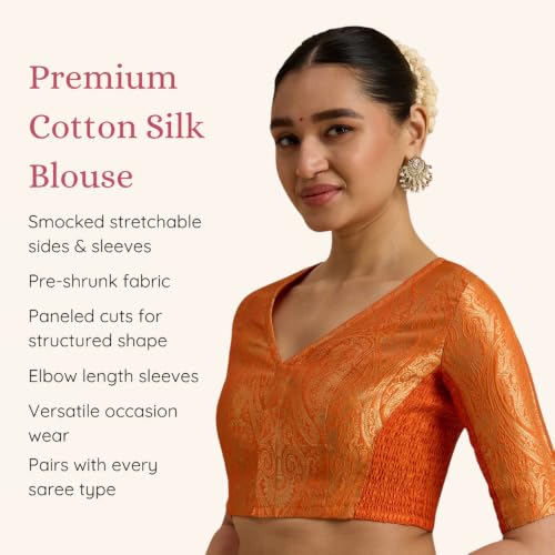 Image of Studio Shringaar Women's Brocade Side Stretch (Smocked) Readymade Saree Blouse