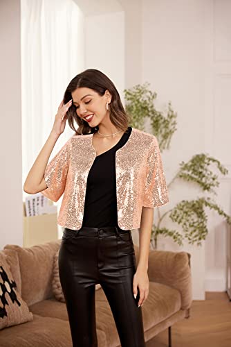 Kate Kasin Women's Sequin Jackets Short Flared Sleeve Sparkly Shrug Open Front Glitter Cropped Bolero Cardigans Rose Gold S #TOP3