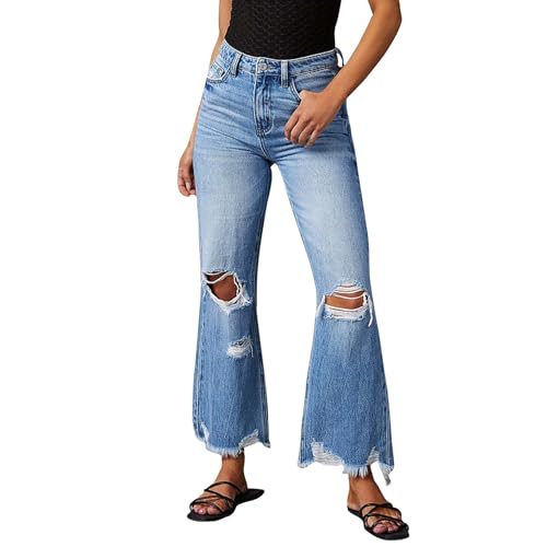 Bell Bottom Jeans for Women Ripped Skinny Bell Bottom Ladies Elastic Skinny Flared Raw Hem Flare Denim Pants