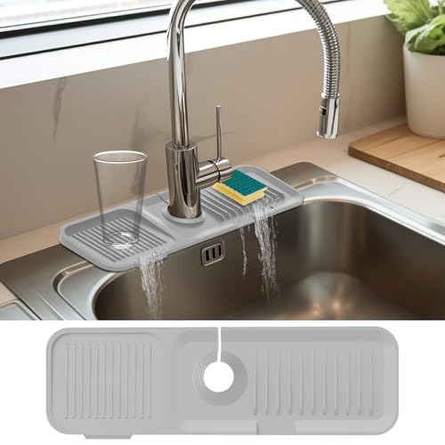 Doeklpo 43 cm silikonkran matta för diskho, 5° lutning snabbtorkande diskho stänkskydd bakom kran, prydligt stänkskydd för kök handfat område badrum kran dräneringsmatta (grå)