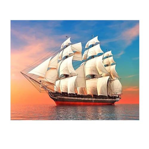 SHEGZHUC 50x40cm Diamond Painting Schiff Diamond Painting Landschaft Eckige Steine Segelschiff Sonnenuntergang Meer Natur Diamant Malerei Kunst...