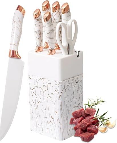 Image of MAMYA Kitchen Knife Set, 7-Piece with Knife Holder Block, Non-Stick Non-Slip Sharp Stainless Steel Suitable for Home and Restaurant (White)