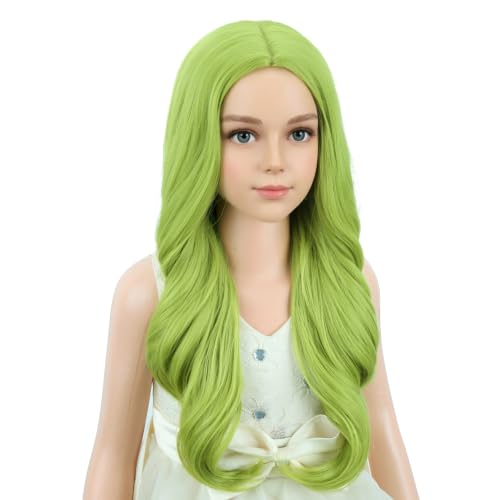 Image of PATTNIUM Kids Olive Green Wig Long Wavy Green Wig Matcha Green Wigs Middle Part Synthetic Wigs