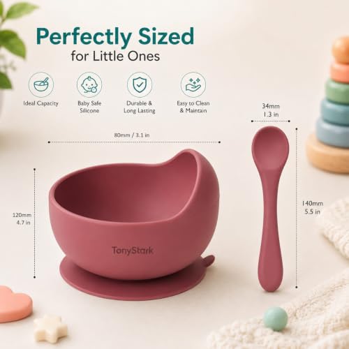Image of TONY STARK Silicone Unbreakable Baby Bowl & Handle Spoon - Suction Design, Non-Slip, BPA Free, Dishwasher & Microwave Safe (Wine Red, 1 Piece)