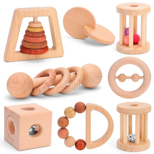 Image of 8 Pieces Montessori Baby Wooden Toys for 0-6-12 Months Babies, Wood Rattles and Teethers Toy Set with Bells for Newborn Infant Boys and Girls Gifts
