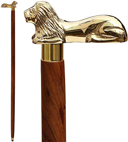 Canne de marche en bois 94,5 cm poignée laiton lion pour homme