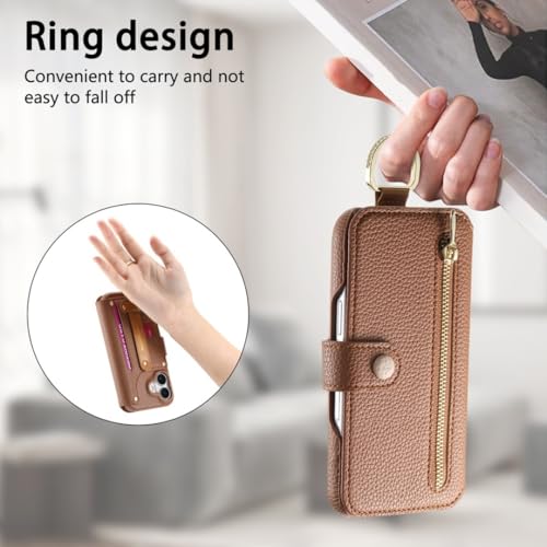 Étui en cuir iPhone 16 Pro marron à rabat chic motif litchi - 6