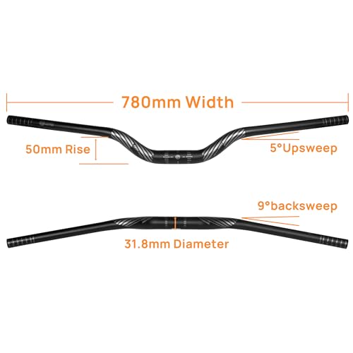 Image of FIFTY-FIFTY Mountain Bike Riser Handlebar, Aluminum Alloy MTB Handlebar, 31.8mm Diameter, 780mm Wide Bicycle Bar (Black, 50mm Rise)