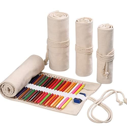 Image of Large Capacity Pen Curtain Canvas Roll Up Pencil Case 36 Slots Pencil Bag Pencils Case Wrap Roll Holder for Coloring Pencil Natural Color Pen, Pencil and Marker Cases