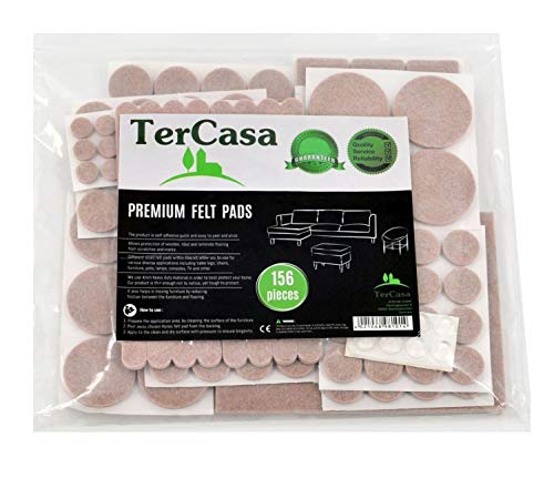 TerCasa 998101 - Premium Filz Gleiter Sortiment, 156 + 8 Teile für Möbel aller Art, Möbelgleiter zum Bodenschutz, 4 mm Stärke, selbstklebend, Set Formen: Rund, Eckig, Streifen & Individual Pads