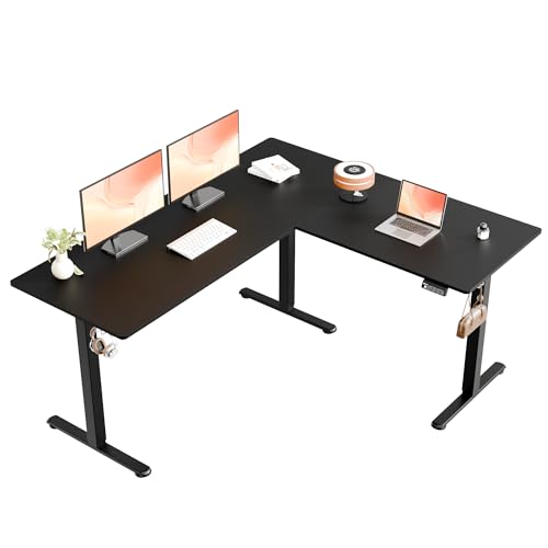 ERGOMAKER Corner Electric Standing Desk, 160 * 140cm Height Adjustable L Shaped Desk, Stand up Desk with Splice Board, Sit Stand Desk with Memory Smart Handset(Black Frame + Black Desktop)