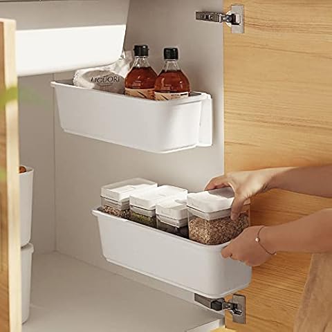 YGORTECH 2-PCS Sliding Cupboard Organizer, Under Sink Cabinet Organisers for Kitchen Bathroom, Spice Racks, Wall Mounted Multi-Functional Storage Baskets Box No Drilling (White) Cover