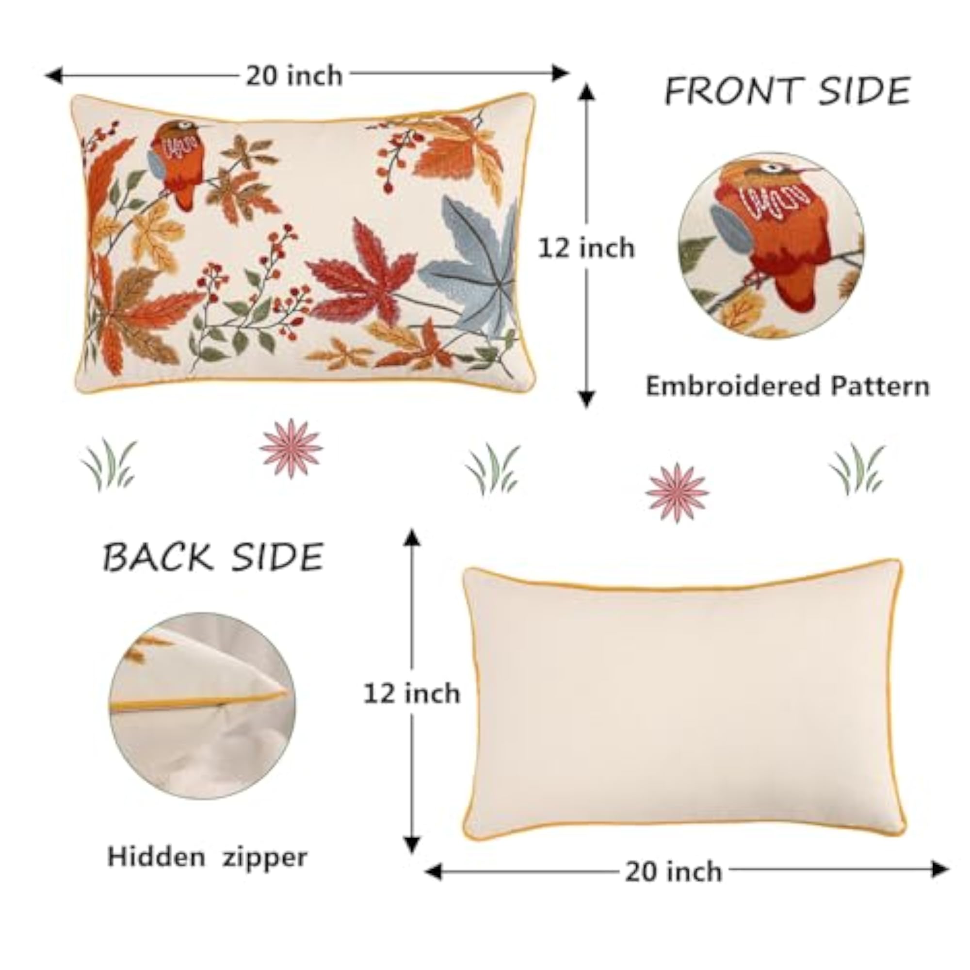 Fall Embroidered Vintage Birds Throw Pillow Covers, Pack of 2