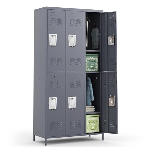 BIZOEIRON 6 Door Locker with Lock, Metal Storage Locker Cabinet with for Employees Organizer, Office, School, Gym, Home, Require Assembly (Grey)