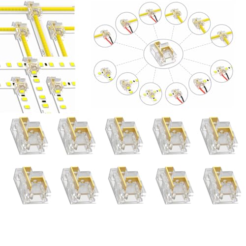 YUTOKEER Conector de tira LED sin soldadura, 2 pines, 8 mm, COB/SMD, 12 tipos de conexión, forma L y T, conexiones de cable y tira, transparente, paquete de 10 unidades