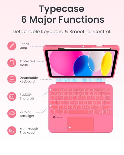 Image of typecase for iPad A16 11th / 10th Gen Keyboard Case - Folio Duo Magnetic Detachable Keyboard with Multi-Touch Trackpad & 7-Color Backlit, Portrait Landscape Modes with Pencil Holder, Pink