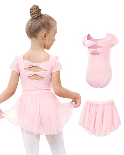 JiAmy Ballettkleidung Mädchen Ballettkleid Mädchen Ballettanzug Baumwolle Kurzarm Balletttrikot Turnanzug Tanzbody + Chiffon Wickelrock Tütü Rock Tanzkleid 2tlg für Kinder 2-3 Jahre