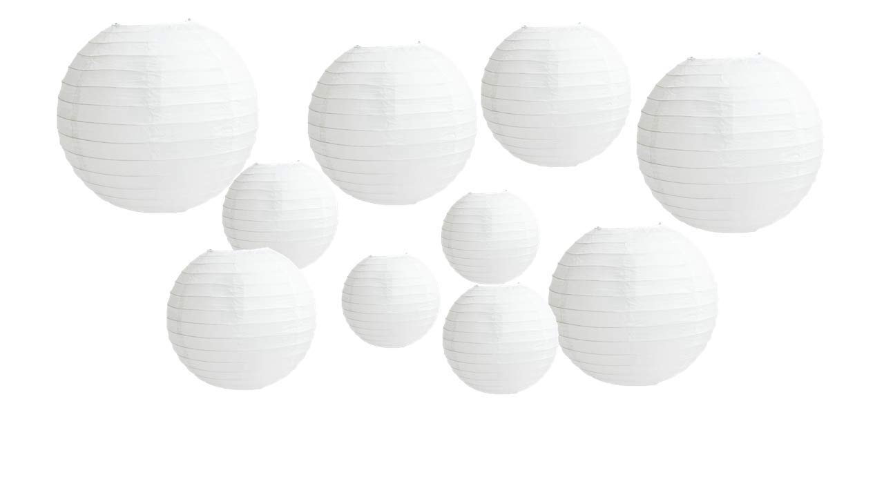10 PCS Paper Lanterns, Round White Paper Lantern with Wire Ribbing, Different Sized White Lampshades, 4