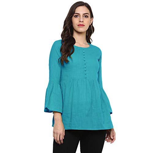 Image of Cotton Plain and Solid Bell Sleeve A-Line Short Round Neck Flared Tunic Top for Girls Women