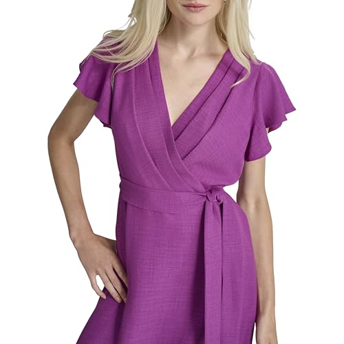 Image of DKNY Women's Flutter Sleeve Tie Fit & Flare Midi Dress